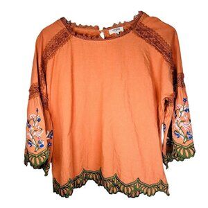 Umgee Size Small Boho Blouse Top Orange Flowy Embroidered